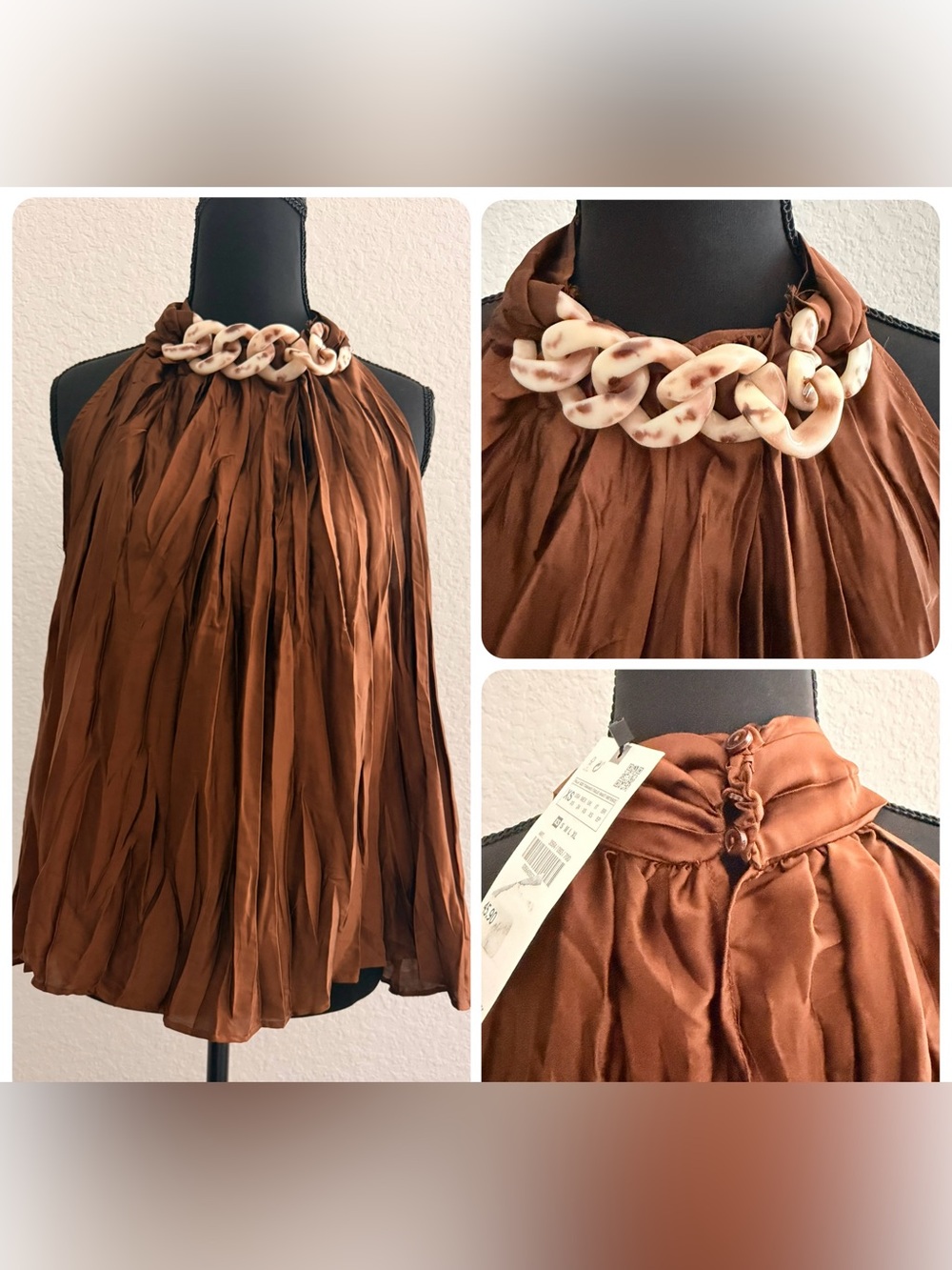 Zara NWT Brown Pleated Halter Top | Removable Resin Chain Neckline